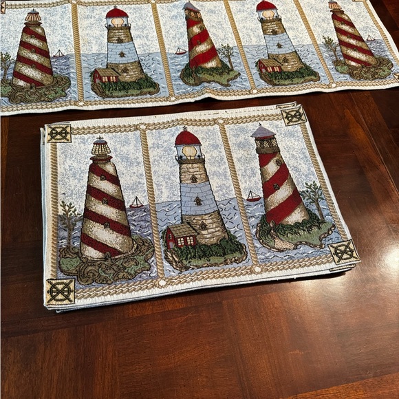 Tapestry Lighthouse Table Runner Sailboats and 6 Placemats Nautical Maritime - Picture 3 of 7